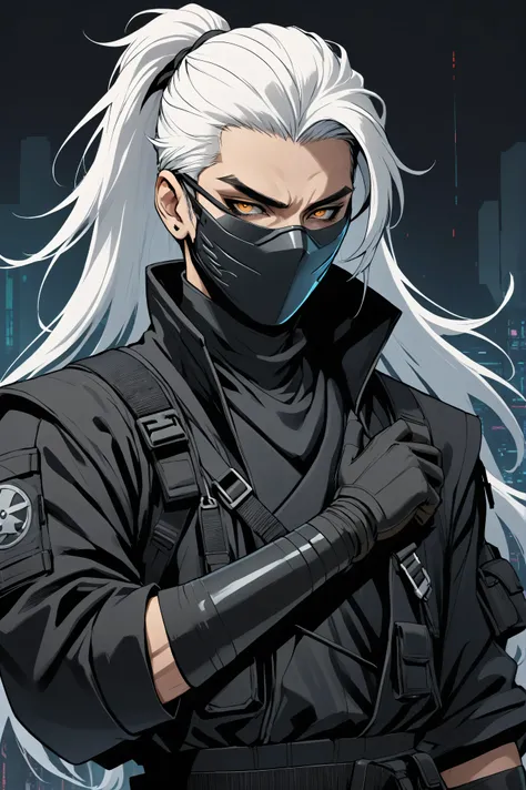 1 man, tall, closeup, ninja, witch robe, Black tactical jacket, gloved hands, masked face, Shades, white dyed hair, medium middle part down hair, dark cyberpunk backdrop, plain right arm band