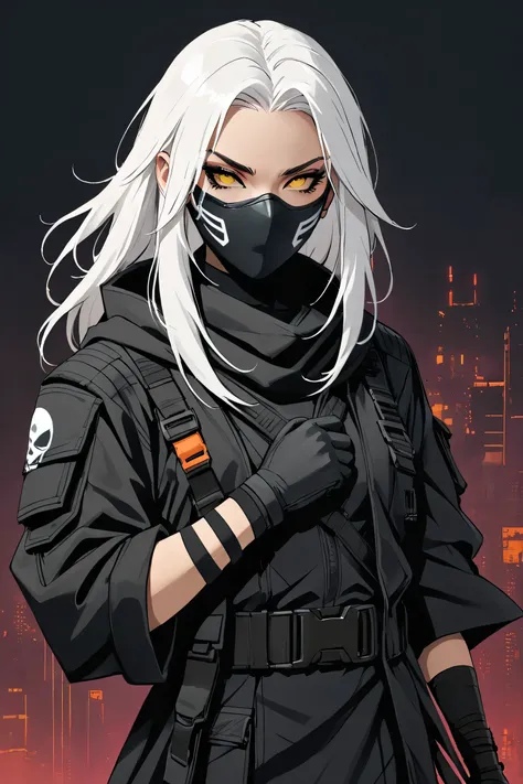 tall, closeup, ninja, witch robe, Black tactical jacket, gloved hands, masked face, Shades, white dyed hair, medium middle part down hair, dark cyberpunk backdrop, plain right arm band