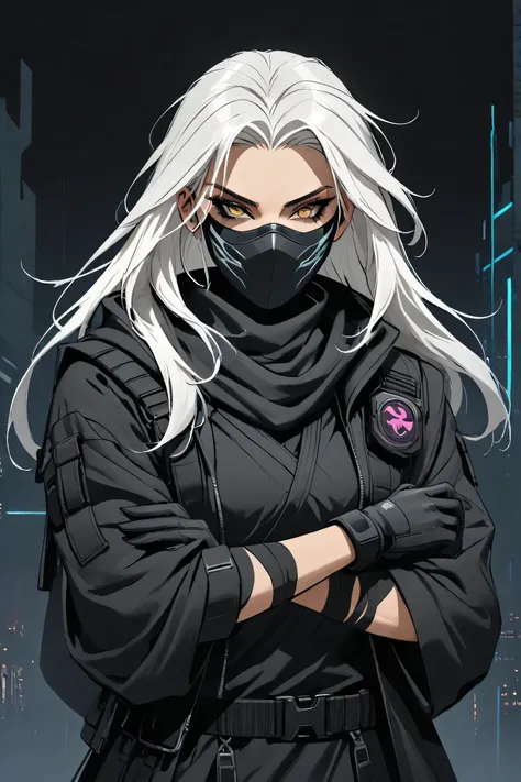 tall, closeup, ninja, witch robe, Black tactical jacket, gloved hands, masked face, Shades, white dyed hair, medium middle part down hair, dark cyberpunk backdrop, plain right arm band