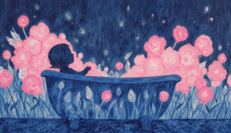 surreal fantasy, flat design,  A silhouette of a girl in a bathtub, neon foam flowers are coming out of the bathtub., inspired by abstratc paint patterns, patterns, fantasy, 8k, reflections , acrylic art, flat design
