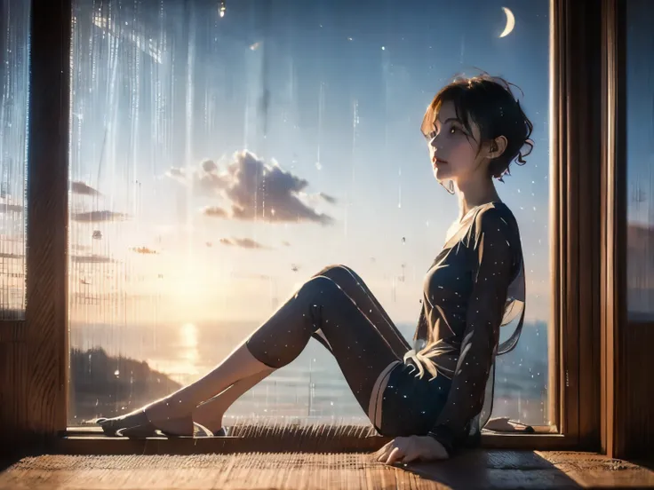 realistic、((night))、((silhouette))、facing up rain hits window、((woman sitting in a bay window looking down and looking out))、( short shortcut)、( slender slant eyes )、((2.0))、fantastic、high image quality、8k