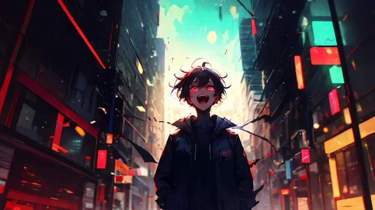 A girl with hidden anger and sadness、screaming in a broken city。she is staring ahead with sharp eyes、wearing a dark costume based on black and red。There are cracked buildings and collapsing neon signs in the background、colorful yet decadent atmosphere。 hai...