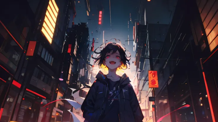 A girl with hidden anger and sadness、screaming in a broken city。she is staring ahead with sharp eyes、wearing a dark costume based on black and red。There are cracked buildings and collapsing neon signs in the background、colorful yet decadent atmosphere。 hai...