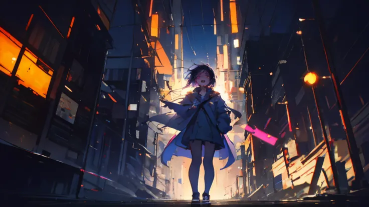 A girl with hidden anger and sadness、screaming in a broken city。she is staring ahead with sharp eyes、wearing a dark costume based on black and red。There are cracked buildings and collapsing neon signs in the background、colorful yet decadent atmosphere。 hai...
