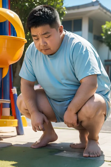 Thick Japan middle-aged man in his 50s, 1man, retarded, Dwarfism, He wears a light blue shorts, Bare Thighs, Pampers, shirtsless, ((peeing self, wetting self, pee stains,)), ((trembling, fear expression, scared, looking at viewer)), kindergarten background...