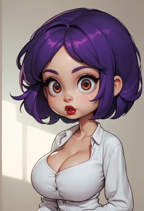 perfect face, purple hair, short hair, (forehead), purple eyebrows, thin eyebrows, (glowing brown eyes), (big eyes), black eyeliners, thick lips, dark red lips, (surprised), big lips, collarbone, cleavage, (huge breasts), shirt, white shirt