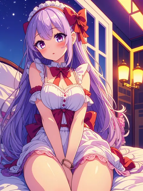 Highly detailed, high quality, masterpiece, beautiful, (all photo shooting, low angle), girl  student, perfect eyes, red eyes, light eyes, blushing face, happy face, sitting, with thighs open, big thighs, medium breast, short stature, long hair, lilac hair...