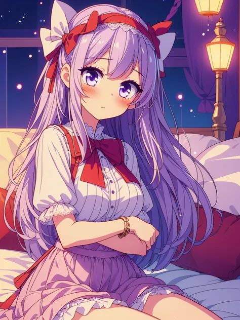 Highly detailed, high quality, masterpiece, beautiful, (all photo shooting, low angle), girl  student, perfect eyes, red eyes, light eyes, blushing face, happy face, sitting, with thighs open, big thighs, medium breast, short stature, long hair, lilac hair...