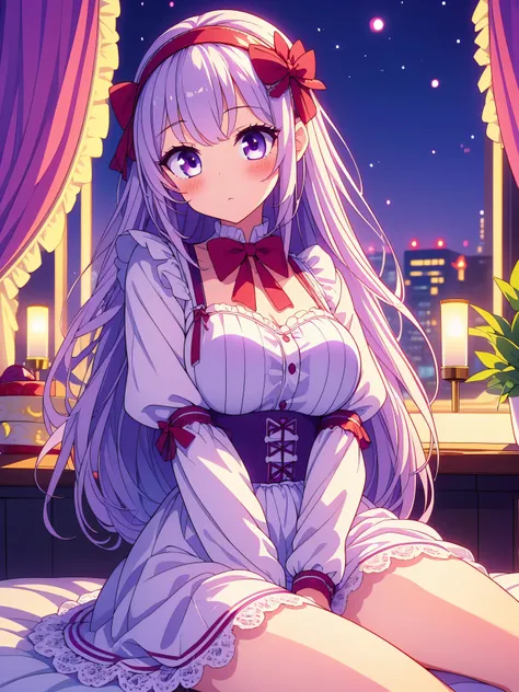 Highly detailed, high quality, masterpiece, beautiful, (all photo shooting, low angle), girl  student, perfect eyes, red eyes, light eyes, blushing face, happy face, sitting, with thighs open, big thighs, medium breast, short stature, long hair, lilac hair...