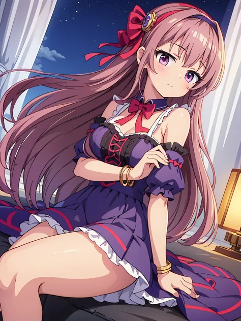 Highly detailed, high quality, masterpiece, beautiful, (all photo shooting, low angle), girl  student, perfect eyes, red eyes, light eyes, blushing face, happy face, sitting, with thighs open, big thighs, medium breast, short stature, long hair, lilac hair...