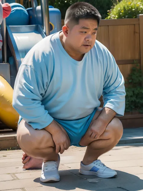 Thick Japan middle-aged man in his 50s, 1man, retarded, Human, Dwarfism, He wears a Light blue Hotpants, Bare thighs, ((peeing self, wetting self, pee stains,)), ((trembling, fear expression, scared, looking at viewer)), kindergarten background, It's a sun...