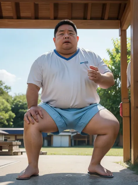 Thick Japan middle-aged man in his 50s, 1man, retarded, Human, Dwarfism, He wears a Light blue Hotpants, Bare thighs, ((peeing self, wetting self, pee stains,)), ((trembling, fear expression, scared, looking at viewer)), kindergarten background, It's a sun...