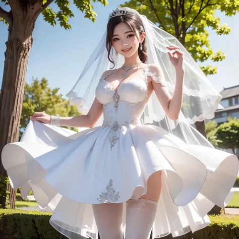 Masterpiece, top quality, high resolution, anatomically correct, ultra high definition. Park with flower garden. Blue sky. Beautiful lawn. One beautiful girl. She is a beautiful Japanese woman. She is as beautiful as a goddess. She has a mysterious atmosph...