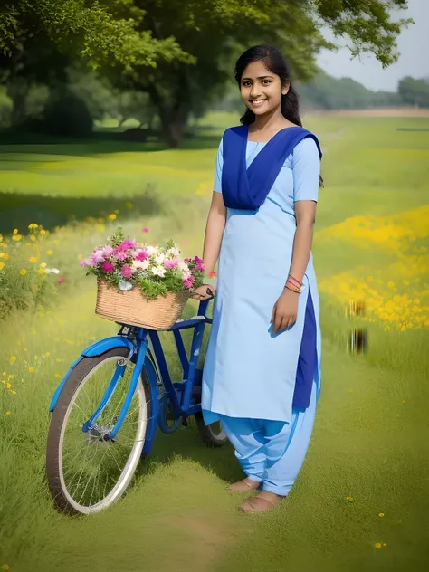 salwar kameez, school girl, bicycle, beautiful young indian schoolgirl wearing traditional salwar kameez dress, holding bicycle, standing in lush green meadow, natural sunlight, colorful flowers, detailed facial features, warm expression, serene atmosphere...