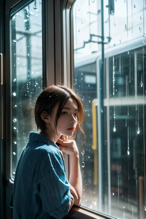 realistic、((It's raining outside the window 2.0))、((Woman standing next to train door looking outside 2.0))、( short shortcut)、( slender slant eyes )、((Looking out of the window 2.0))、profile、Hold on to the handrail、angle from behind、high image quality、8k