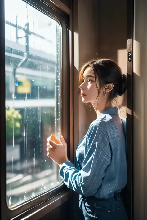 realistic、((It's raining outside the window 2.0))、((Woman standing next to train door looking outside 2.0))、( short shortcut)、( slender slant eyes )、((Looking out of the window 2.0))、profile、Hold on to the handrail、angle from behind、high image quality、8k
