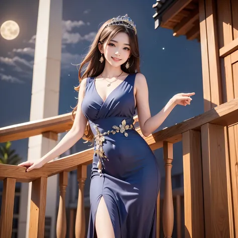 Masterpiece, top quality, high resolution, anatomically correct, ultra high definition. A balcony at night. A full moon. Beautiful night view. The light of a skyscraper can be seen. A beautiful girl. She is a beautiful Japanese woman. She is as beautiful a...
