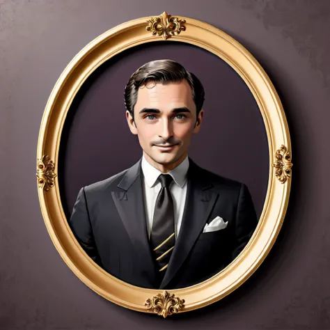 graphic vector illustration, classic wine etiquette , with a man picture inside oval frame, full vector, oval, black and gold color