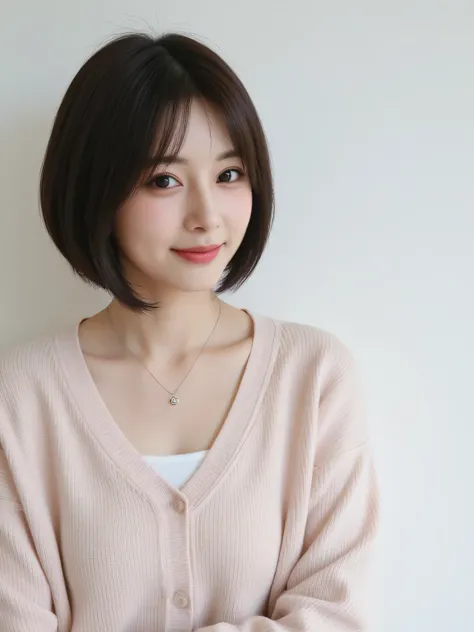 
((highest quality, 8K, masterpiece :1.3)), 1 girl, (bob hair、short hair,Taken in front of a white wall :1.2)、（gentle smile),Shot in natural light、pastel cardigan :1.1, Angle from above、super detailed face, fine eyes,(Highly realistic photos, High resoluti...