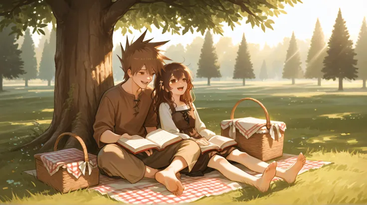 A sunny afternoon in a beautiful garden. main character, is a young girl with wavy brown hair and brown eyes, runs barefoot on the grass, laughing. Her older brother, a tall man with dark brown hair and sharp, but with kind eyes, , playfully ruffles her h...