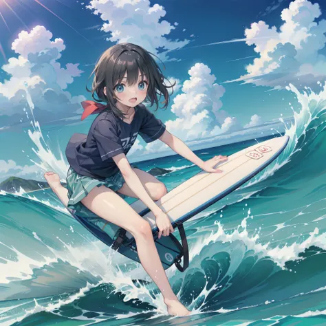 bare feet、 Anime Girl Riding a Surfboard Riding Ocean Waves, Cassiato, Cassiato kenz, by Yoshihiko Wada, surfing, Expressing joy. by krenz Cassiato, , Aska as a surfer model , Anime Styleイラスト, Official Art, That's right, fubuki, high quality anime style a...