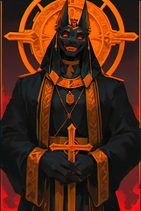 Anubis with gold cord with initials PPRT engraved on the pendant, With your mast in your hands and with an evil face, evil, godly, wide evil smile, furry, jackel