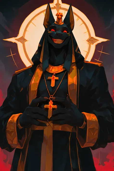 Anubis with gold cord with initials PPRT engraved on the pendant, With your mast in your hands and with an evil face, evil, godly, wide evil smile, furry, jackel