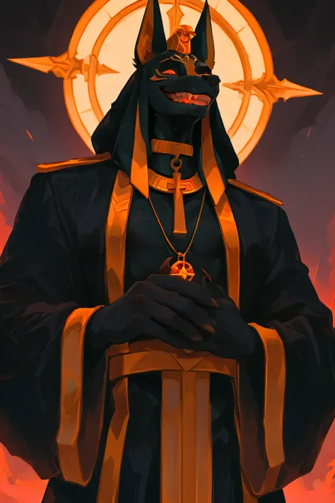 Anubis with gold cord with initials PPRT engraved on the pendant, With your mast in your hands and with an evil face, evil, godly, wide evil smile, furry, jackel