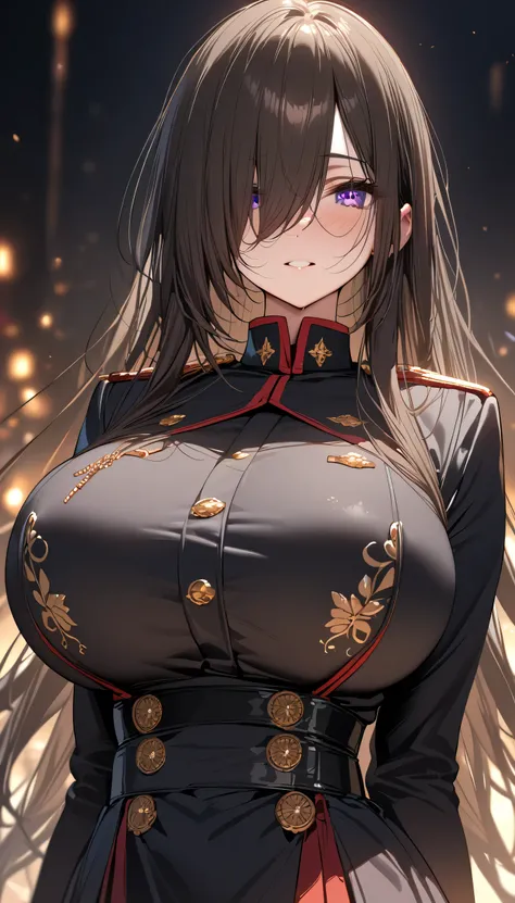 (masterpiece, Highest quality:1.2), (1girl), alone, ((long hair)), (dark brown hair)), (straight hair), ((hair over face)), (hair over one eye), (hair over right eye), (), (purple eyes), detailed eyes, high detail, bloom, ((detailed face)), (beautiful effe...