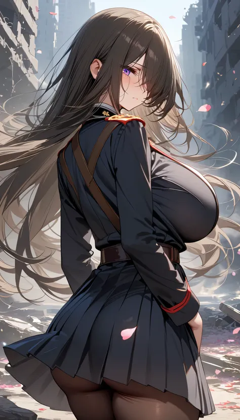(masterpiece, Highest quality:1.2), (1girl), alone, ((long hair)), (dark brown hair)), (straight hair), ((hair over face)), (hair over one eye), (hair over right eye), (), (purple eyes), detailed eyes, high detail, bloom, ((detailed face)), (beautiful effe...