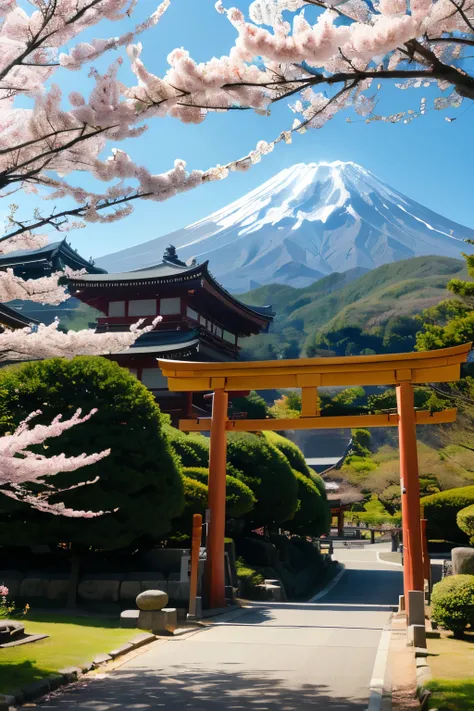 Please create a beautiful Japanese landscape painting with Mt. Fuji and red torii gates。The season is spring and please include cherry blossoms · Please create something more realistic in the style of a photo。