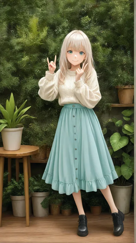 傑作, 最高品質, 素晴らしい品質, A cute woman talking gently with expressive hand gestures. She wears stylish casual clothes. Her full body is visible. The background is a calm, natural indoor setting with houseplants and wooden furniture.
