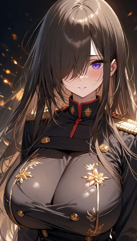 (masterpiece, Highest quality:1.2), (1girl), alone, ((long hair)), (dark brown hair)), (straight hair), ((hair over face)), (hair over one eye), (hair over right eye), (), (purple eyes), detailed eyes, high detail, bloom, ((detailed face)), (beautiful effe...