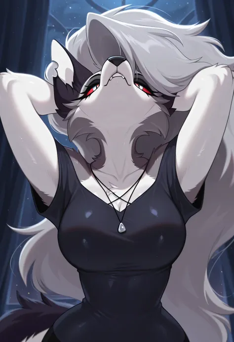 
Loona - Helluva Boss furry, olo, anthro_only, furry cutie, big , 
hands behind head huge , head thrown back, shiny skin, close up