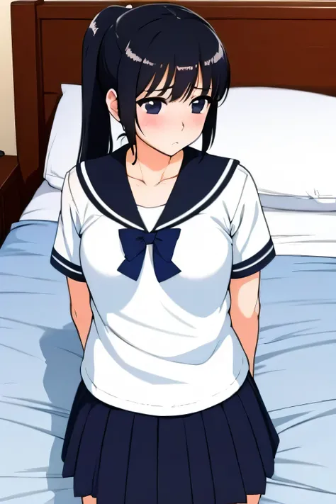 black hair、ponytails、、1girl,blush,school uniform, middle breast, sailor suit, small 、
is uneasy、furrowed brow,scowl,hotel、bed、