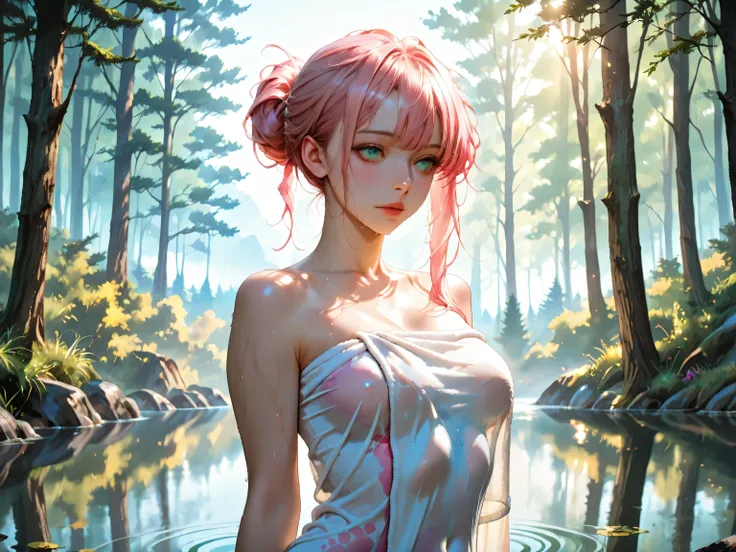 beautiful young woman, 25-30 years old, wrapped in a towel, standing behind a foggy, misty glass window, outside is a dense forest with heavy fog and a silent lake, pink long wet hair tied in a messy bun, visible water droplets on the glass, blurred outlin...