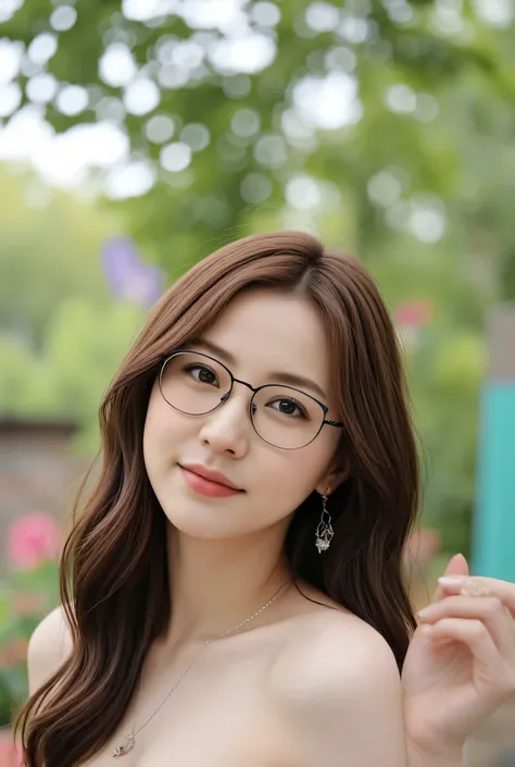 (( top quality)), ((傑 top quality、 masterpiece、high sensitivity、 high resolution、 detailed depiction of the entrance、 depicting a delicate face ))、nice body、female、glass、With a happy smile、black glasses、big breasts、Topless、anatomically correct, garden bac...