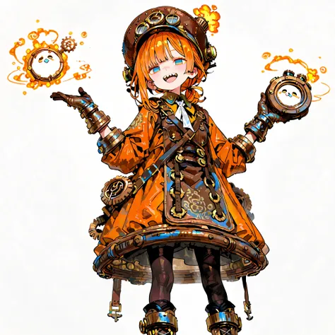high resolution、High Quality、Shortcuts,    low ponytail  、 orange hair、 stupid hair、Black Pantyhose  、steampunk clothes、double teeth、solo、thick soled boots、 asymmetric hair 、  simple eyes  、white background、standing、{{{Extremely big steampunk gloves}｝｝、hat