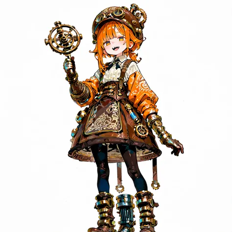 high resolution、High Quality、Shortcuts, low ponytail 、 orange hair、 stupid hair、Black Pantyhose 、steampunk clothes、double teeth、solo、thick soled boots、 asymmetric hair 、 simple eyes 、white background、standing、{{{Extremely big steampunk gloves}}}、hat
