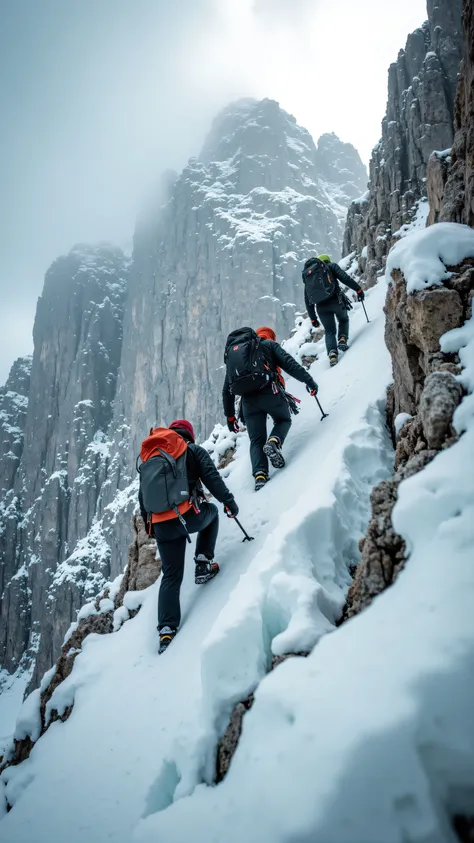 Close-up, wide-angle shot, low-angle shooting... hyper-realistic, three people are climbing a mountain.aidmaExperimentalPhotography
