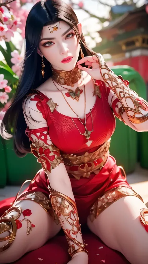 (RAW photo:1.2), (photorealistic:1.4),(intricate details:1.2),(masterpiece:1.3),(best quality:1.4), (ultra highres:1.2),1girl, solo, jewelry, earrings, pointy_ears, necklace, looking at viewer pose, red ornamental clothes, background : a garden with flutte...