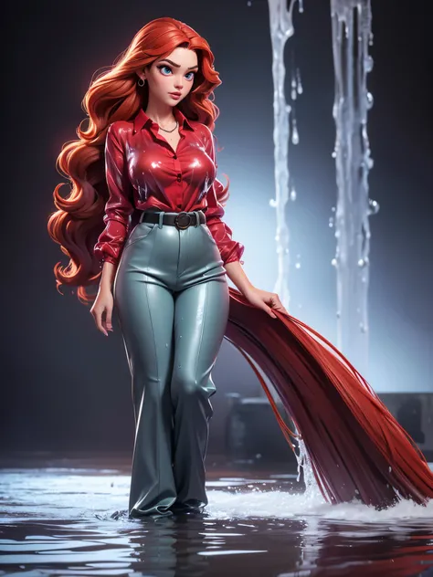 (8K, raw image,) highest quality, (masterpiece: 1.4), beautiful girl (Age 21).  she lies,((recumbent)), in a pond. She is slim and her body is very attractive.  She is clothed and completely wet. She is wearing a ((light wet red satin blouse, buttoned, lon...