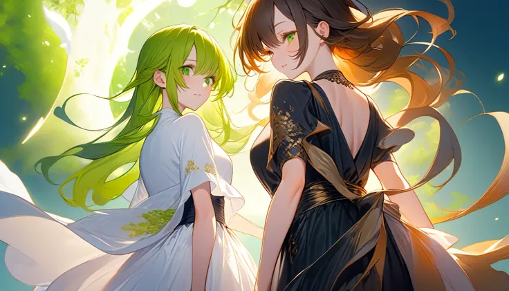 Green tree々がbackground,The sun shines brightly in a clear sky,(Normal number of fingers:1.3),(Green tree々There are 2 girls beside:1.5), The two gods 々 each face is delicate and beautiful ,facing the front,both have a mystical atmosphere like heavenly being...