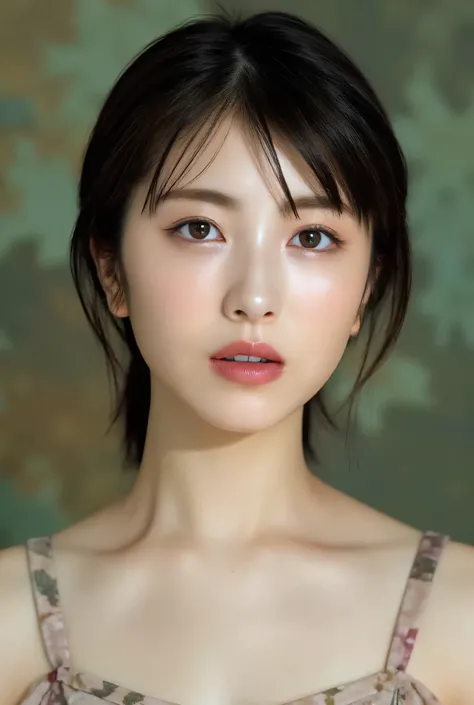 (medium full shot), beautiful korean girl, bokeh lights background, studio lighting, wearing bohemian dress with floral pattern, dslr, soft lighting, high quality, film grain, light reflections, blood vessels, pale skin, skin pores,blood vessels in scle...
