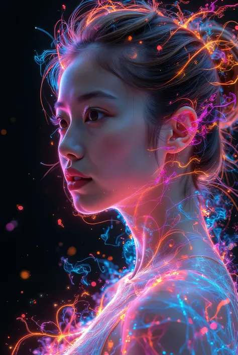 masterpiece, best quality, highly aesthetic, abstract, young woman, vibrant digital art, anime-style character, swirling neon colors, abstract shapes, psychedelic, intricate details, cyberpunk aesthetic, glowing elements, electric blue, hot pink, neon yell...