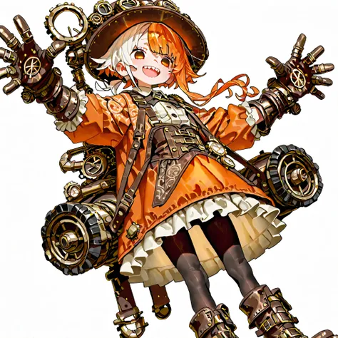 high resolution、High Quality、Shortcuts,    low ponytail  、 white hair、orange hair、 stupid hair、Black Pantyhose  、casual boyish steampunk attire、double teeth、solo、thick soled boots、 asymmetric hair 、  simple eyes  、white background、standing、{{{Extremely big...