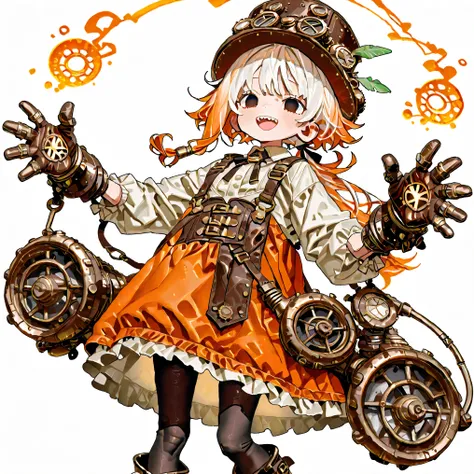 high resolution、High Quality、Shortcuts,    low ponytail  、 white hair、orange hair、 stupid hair、Black Pantyhose  、casual boyish steampunk attire、double teeth、solo、thick soled boots、 asymmetric hair 、  simple eyes  、white background、standing、{{{Extremely big...