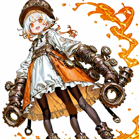 high resolution、High Quality、Shortcuts, low ponytail 、 white hair、orange hair、 stupid hair、Black Pantyhose 、casual boyish steampunk attire、double teeth、solo、thick soled boots、 asymmetric hair 、 simple eyes 、white background、standing、{{{Extremely big...