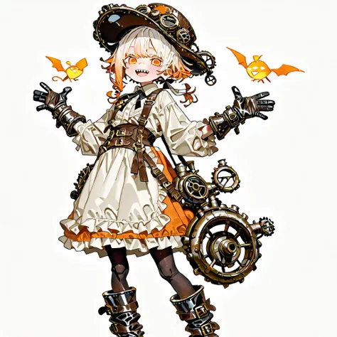 high resolution、High Quality、Shortcuts, low ponytail 、 white hair、orange hair、 stupid hair、Black Pantyhose 、casual boyish steampunk attire、double teeth、solo、thick soled boots、 asymmetric hair 、 simple eyes 、white background、standing、{{{Extremely big...