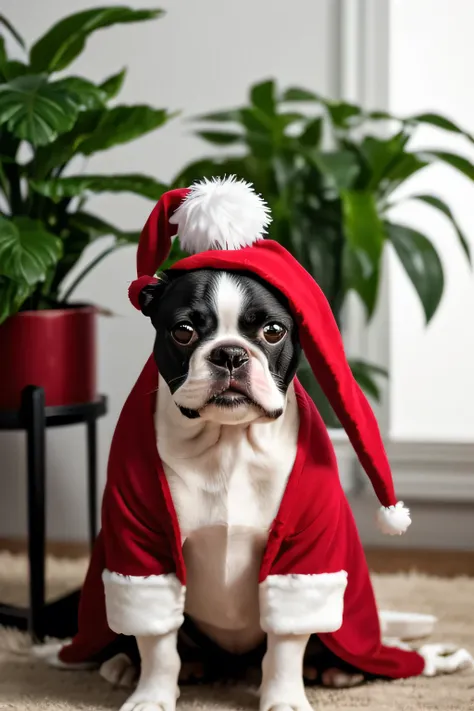 Red Santa hat、Boston Terrier in a white fur-trimmed coat, Formal Pose , Festival Costumes , Framed Portrait, look straight ahead, neutral expression, Indoor setting with dark background, Subtle lighting to highlight the subject, Green potted plants in the...